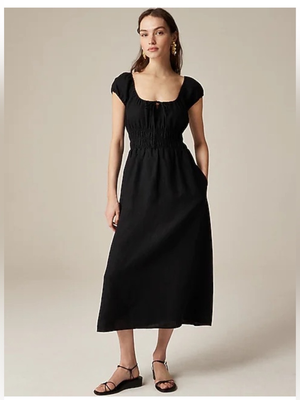 NWT J.Crew Black Linen Smocked Waist Midi Dress